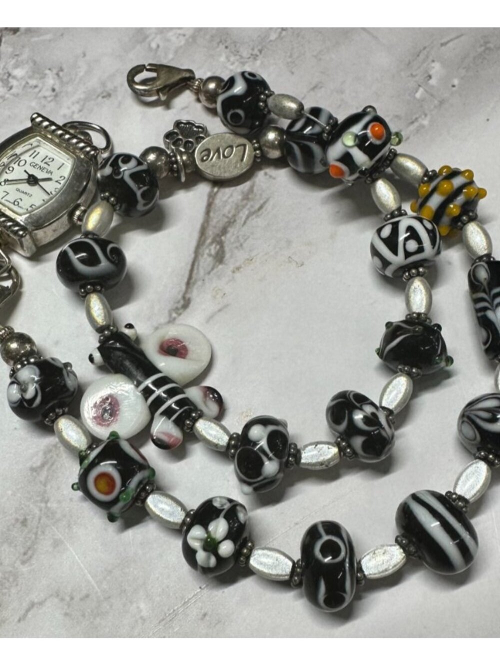 Geneva Watch Black White Art Glass Beaded Band Wrap Around New Battery